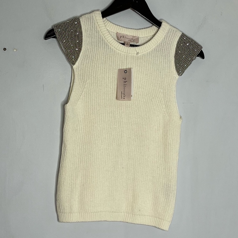 Philosophy Size Small Knit Ivory Beaded Cap Sleeve NEW Sweater Cotton Rhinestone